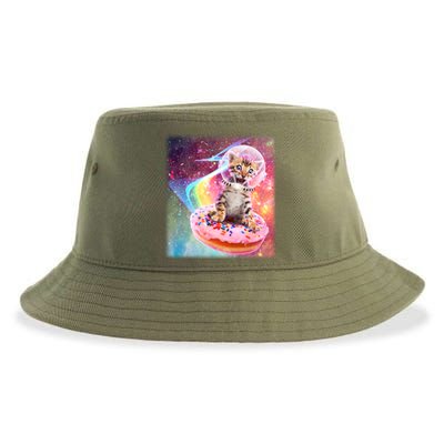 Funny Cute Astronaut Kitty On Rainbow Sprinkle Donut With Galaxy Background Sustainable Bucket Hat