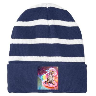 Funny Cute Astronaut Kitty On Rainbow Sprinkle Donut With Galaxy Background Striped Beanie with Solid Band