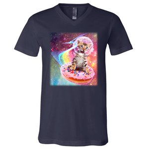 Funny Cute Astronaut Kitty On Rainbow Sprinkle Donut With Galaxy Background V-Neck T-Shirt