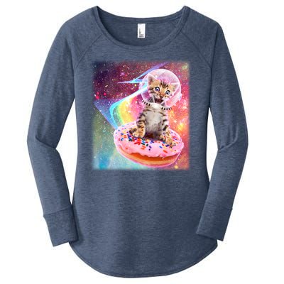 Funny Cute Astronaut Kitty On Rainbow Sprinkle Donut With Galaxy Background Women's Perfect Tri Tunic Long Sleeve Shirt