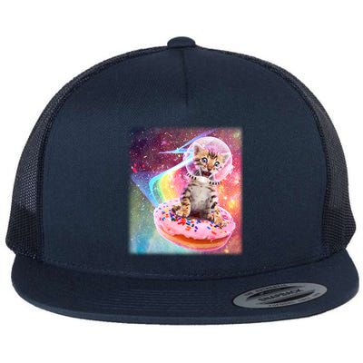 Funny Cute Astronaut Kitty On Rainbow Sprinkle Donut With Galaxy Background Flat Bill Trucker Hat