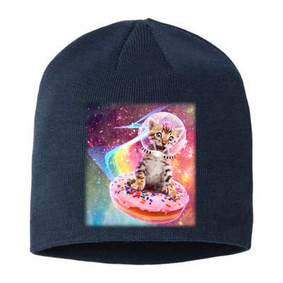 Funny Cute Astronaut Kitty On Rainbow Sprinkle Donut With Galaxy Background Sustainable Beanie