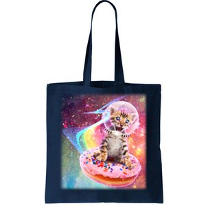 Funny Cute Astronaut Kitty On Rainbow Sprinkle Donut With Galaxy Background Tote Bag