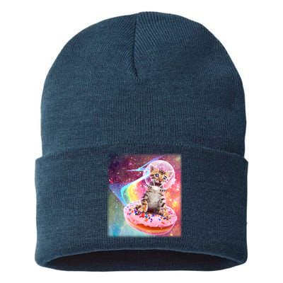 Funny Cute Astronaut Kitty On Rainbow Sprinkle Donut With Galaxy Background Sustainable Knit Beanie