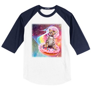 Funny Cute Astronaut Kitty On Rainbow Sprinkle Donut With Galaxy Background Baseball Sleeve Shirt