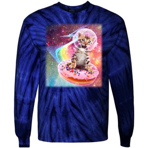 Funny Cute Astronaut Kitty On Rainbow Sprinkle Donut With Galaxy Background Tie-Dye Long Sleeve Shirt