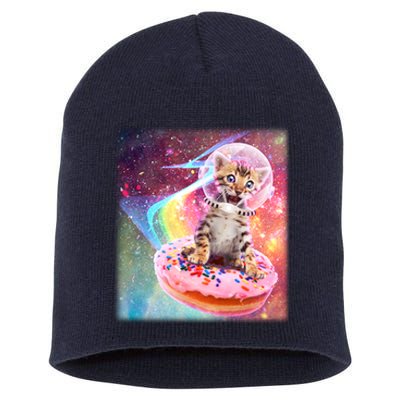 Funny Cute Astronaut Kitty On Rainbow Sprinkle Donut With Galaxy Background Short Acrylic Beanie