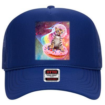 Funny Cute Astronaut Kitty On Rainbow Sprinkle Donut With Galaxy Background High Crown Mesh Back Trucker Hat