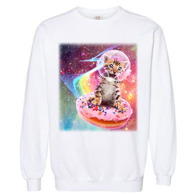 Funny Cute Astronaut Kitty On Rainbow Sprinkle Donut With Galaxy Background Garment-Dyed Sweatshirt
