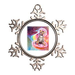 Funny Cute Astronaut Kitty On Rainbow Sprinkle Donut With Galaxy Background Metallic Star Ornament