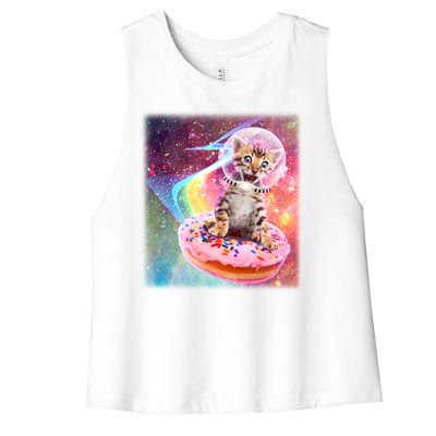 Funny Cute Astronaut Kitty On Rainbow Sprinkle Donut With Galaxy Background Women's Racerback Cropped Tank