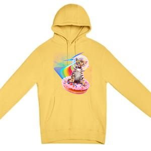 Funny Cute Astronaut Kitty On Rainbow Sprinkle Donut Premium Pullover Hoodie