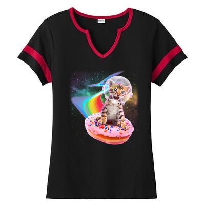 Funny Cute Astronaut Kitty On Rainbow Sprinkle Donut Ladies Halftime Notch Neck Tee