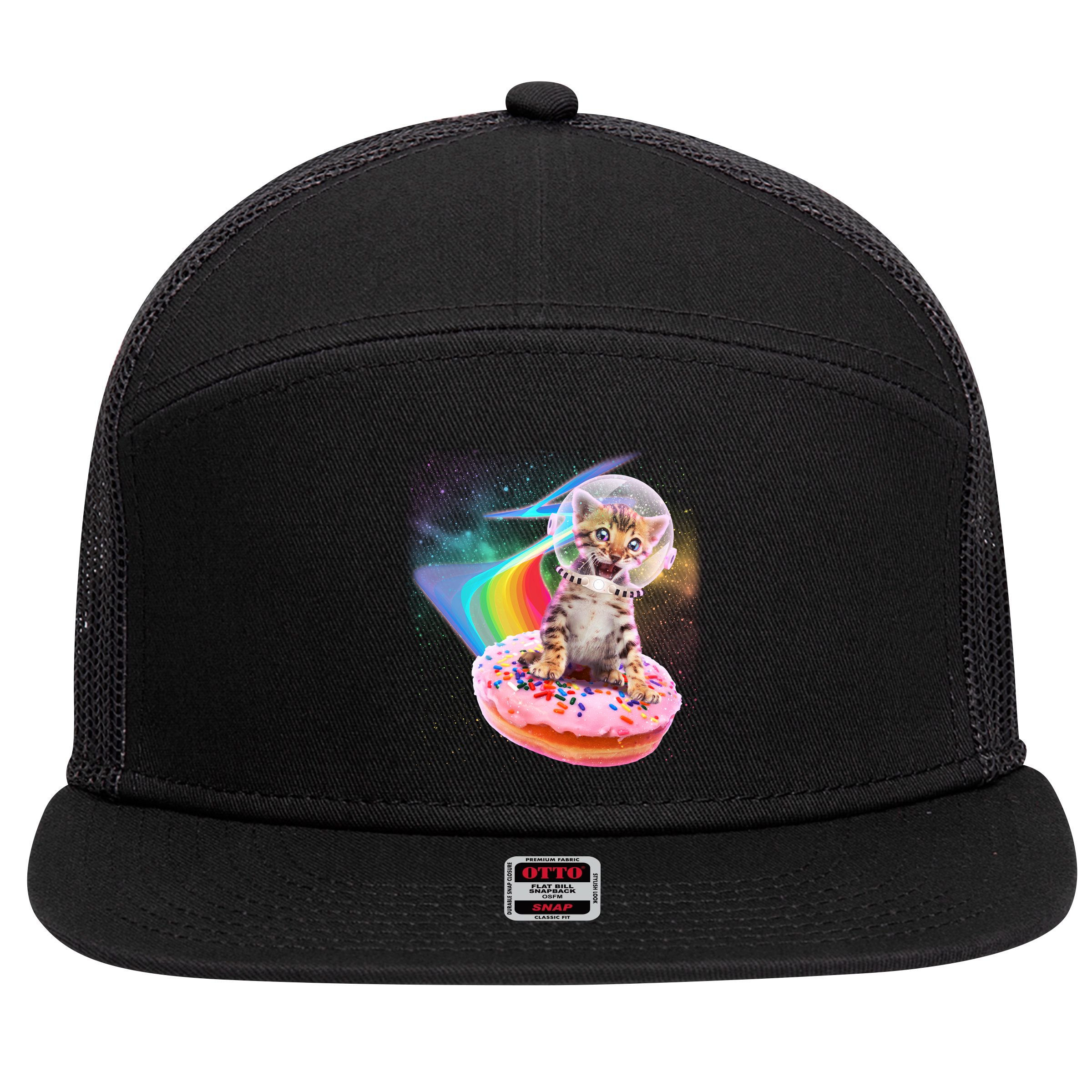 Funny Cute Astronaut Kitty On Rainbow Sprinkle Donut 7 Panel Mesh Trucker Snapback Hat