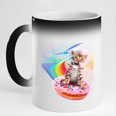 Funny Cute Astronaut Kitty On Rainbow Sprinkle Donut 11oz Black Color Changing Mug