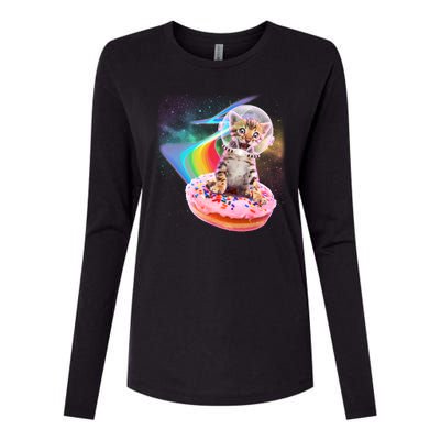 Funny Cute Astronaut Kitty On Rainbow Sprinkle Donut Womens Cotton Relaxed Long Sleeve T-Shirt