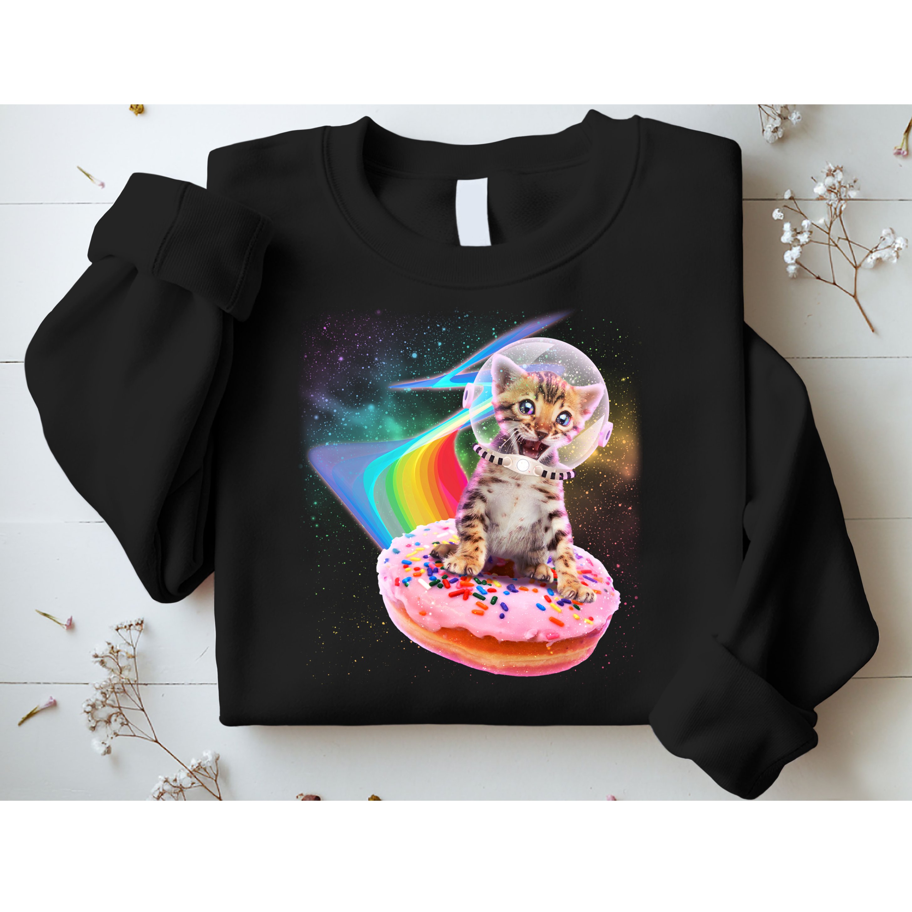 Funny Cute Astronaut Kitty On Rainbow Sprinkle Donut Sweatshirt