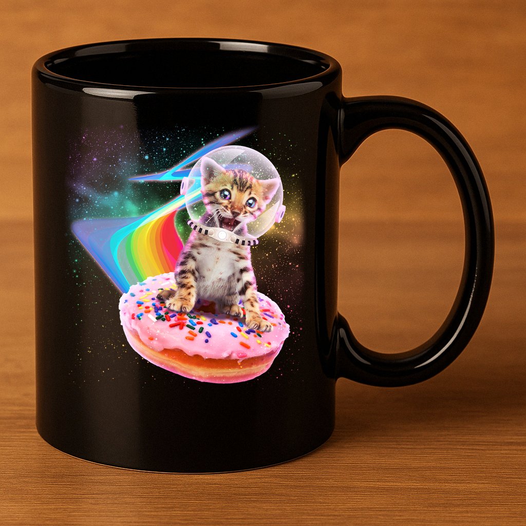 Funny Cute Astronaut Kitty On Rainbow Sprinkle Donut 11oz C Handle Ceramic Mug