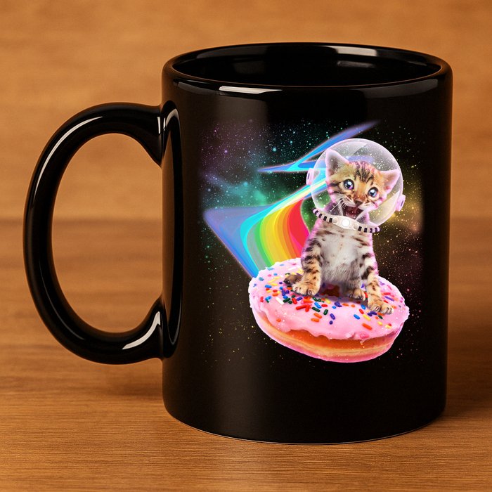 Funny Cute Astronaut Kitty On Rainbow Sprinkle Donut 11oz C Handle Ceramic Mug