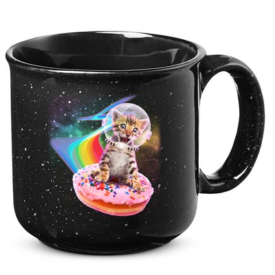 Funny Cute Astronaut Kitty On Rainbow Sprinkle Donut 15oz Campfire Ceramic Mug