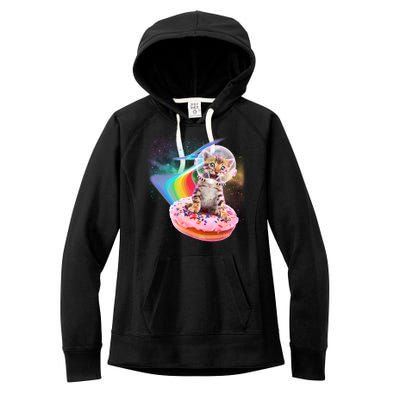 Funny Cute Astronaut Kitty On Rainbow Sprinkle Donut Women's Fleece Hoodie