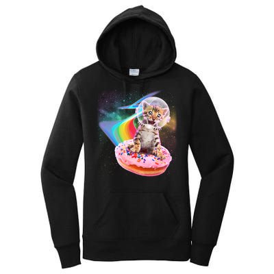 Funny Cute Astronaut Kitty On Rainbow Sprinkle Donut Women's Pullover Hoodie