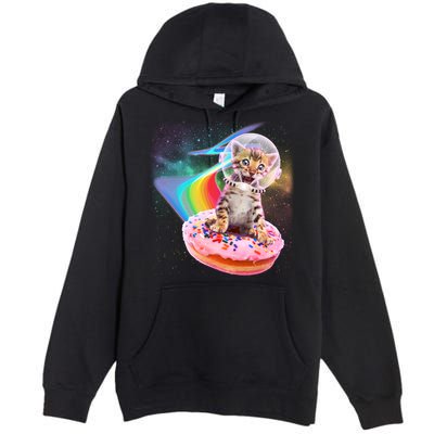 Funny Cute Astronaut Kitty On Rainbow Sprinkle Donut Premium Pullover Hoodie
