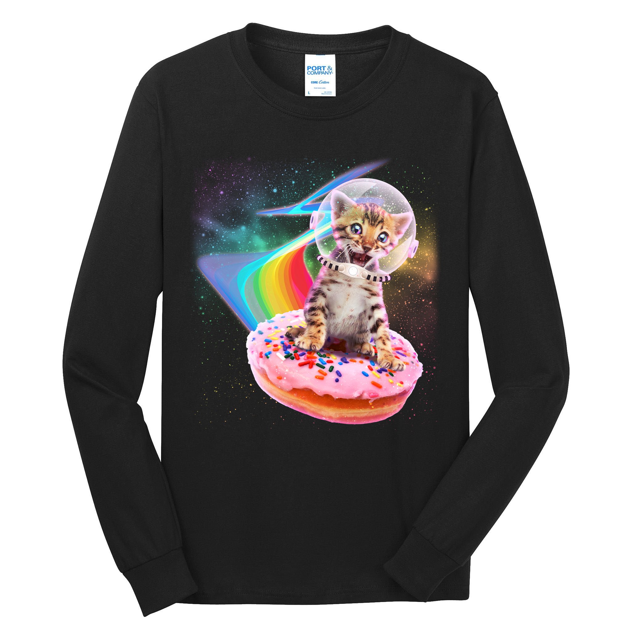 Funny Cute Astronaut Kitty On Rainbow Sprinkle Donut Tall Long Sleeve T-Shirt