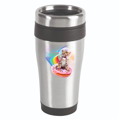 Funny Cute Astronaut Kitty On Rainbow Sprinkle Donut 16oz Travel Tumbler