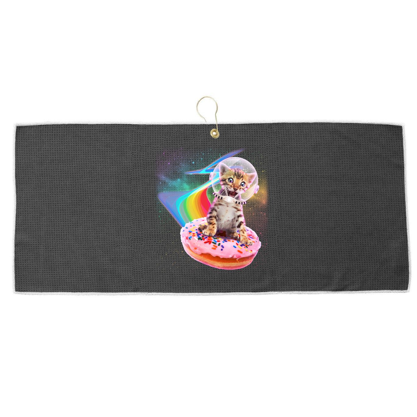 Funny Cute Astronaut Kitty On Rainbow Sprinkle Donut Large Microfiber Waffle Golf Towel