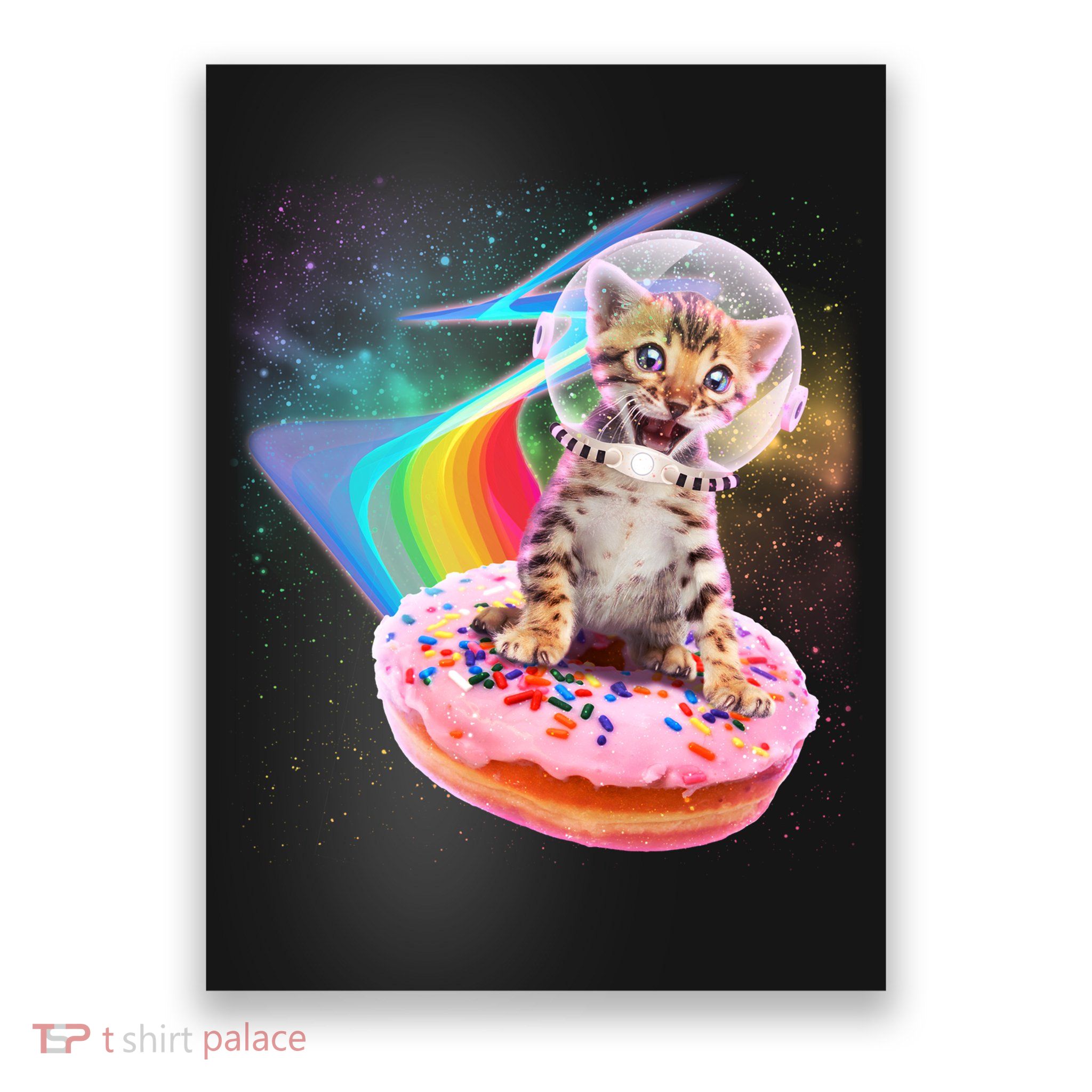 Funny Cute Astronaut Kitty On Rainbow Sprinkle Donut Poster