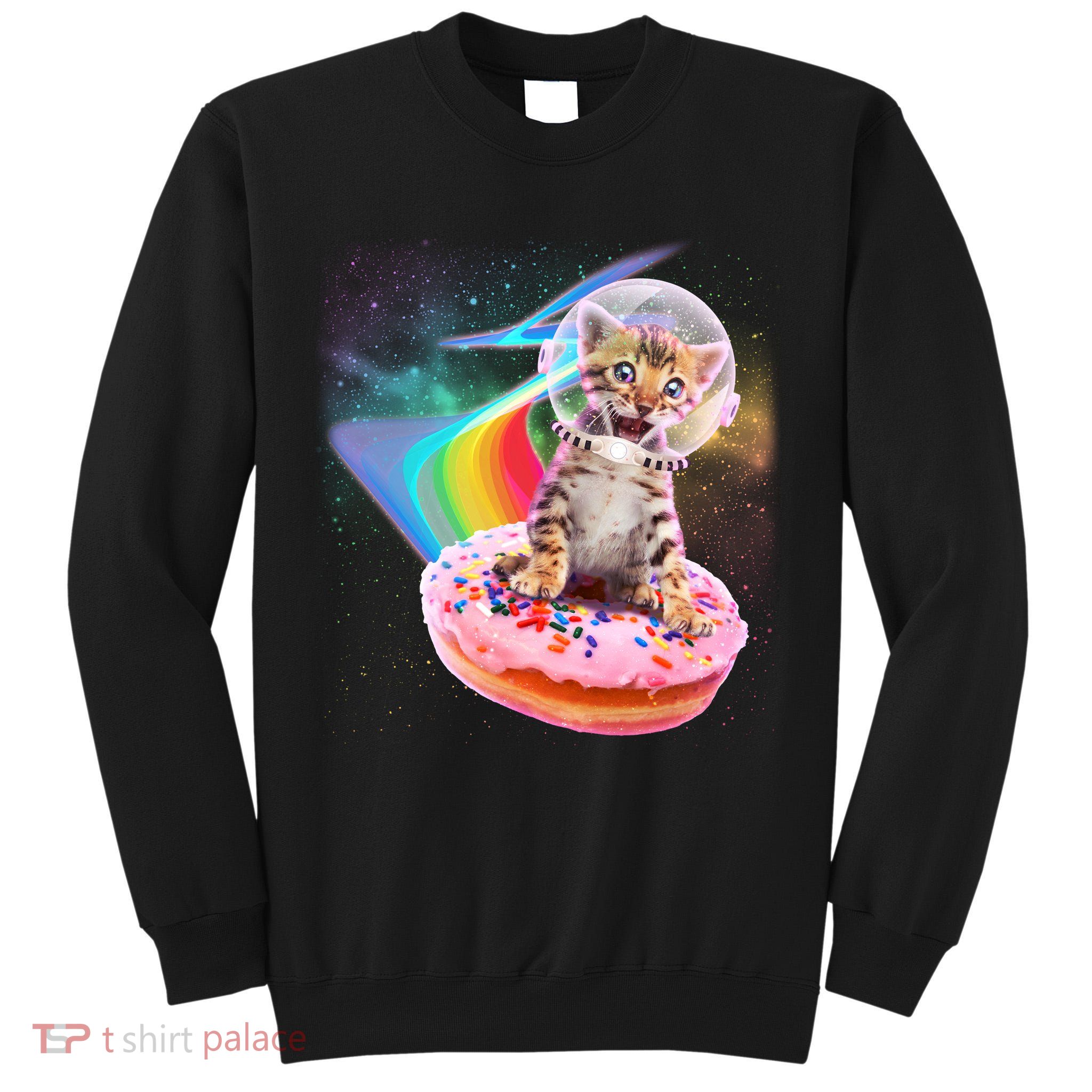 Funny Cute Astronaut Kitty On Rainbow Sprinkle Donut Tall Sweatshirt