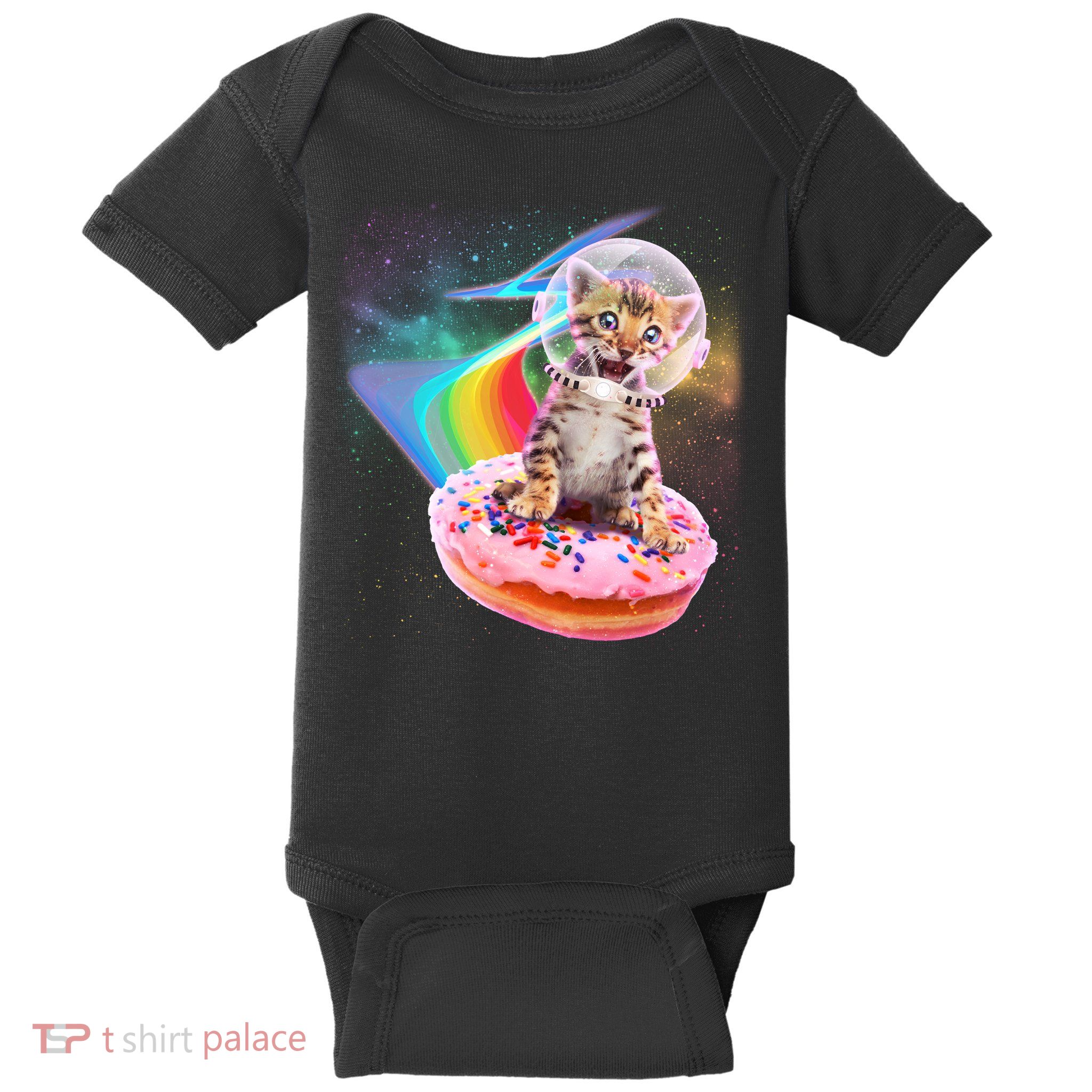 Funny Cute Astronaut Kitty On Rainbow Sprinkle Donut Baby Bodysuit