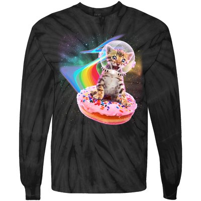 Funny Cute Astronaut Kitty On Rainbow Sprinkle Donut Tie-Dye Long Sleeve Shirt