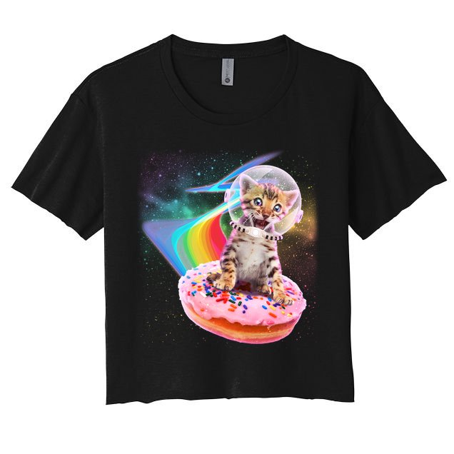 Funny Cute Astronaut Kitty On Rainbow Sprinkle Donut Women's Crop Top Tee