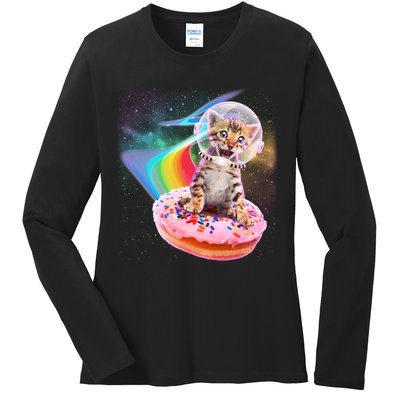 Funny Cute Astronaut Kitty On Rainbow Sprinkle Donut Ladies Long Sleeve Shirt