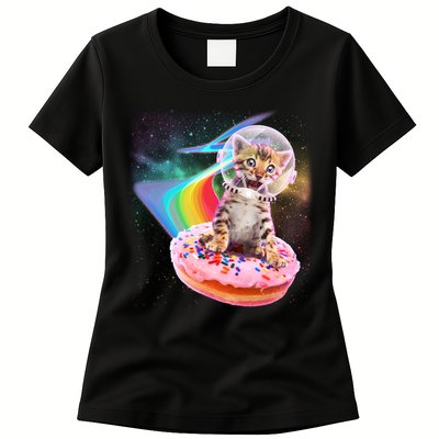 Funny Cute Astronaut Kitty On Rainbow Sprinkle Donut Womens T-Shirt