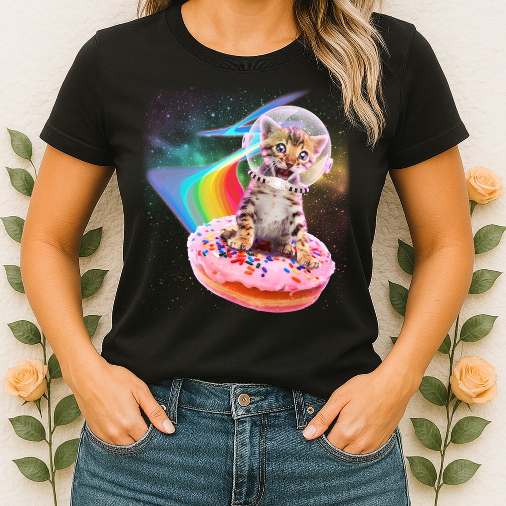 Funny Cute Astronaut Kitty On Rainbow Sprinkle Donut Womens T-Shirt