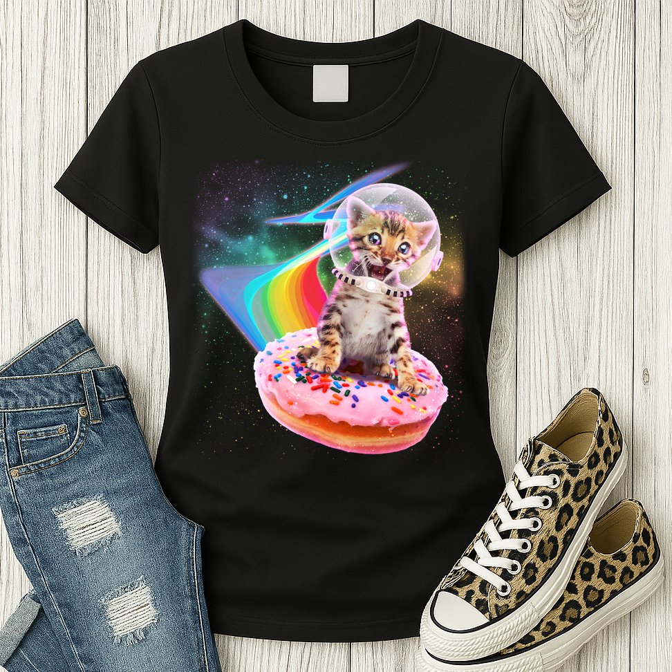 Funny Cute Astronaut Kitty On Rainbow Sprinkle Donut Womens T-Shirt