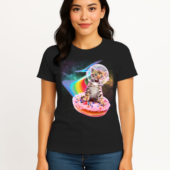 Funny Cute Astronaut Kitty On Rainbow Sprinkle Donut Womens T-Shirt