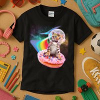 Funny Cute Astronaut Kitty On Rainbow Sprinkle Donut Kids T-Shirt