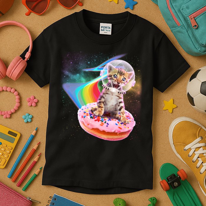 Funny Cute Astronaut Kitty On Rainbow Sprinkle Donut Kids T-Shirt