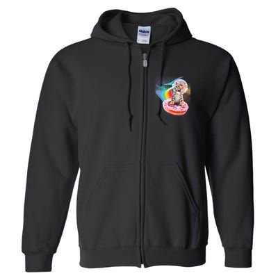 Funny Cute Astronaut Kitty On Rainbow Sprinkle Donut Full Zip Hoodie