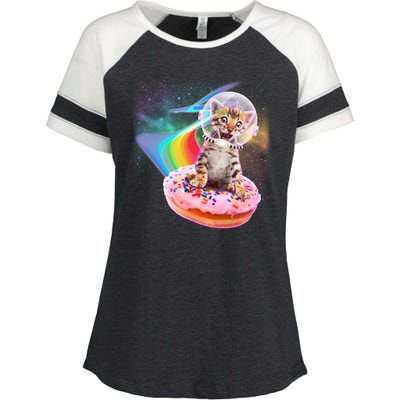 Funny Cute Astronaut Kitty On Rainbow Sprinkle Donut Enza Ladies Jersey Colorblock Tee