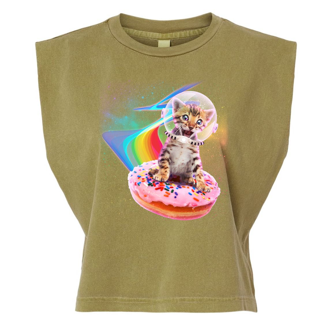 Funny Cute Astronaut Kitty On Rainbow Sprinkle Donut Garment-Dyed Women's Muscle Tee