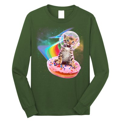 Funny Cute Astronaut Kitty On Rainbow Sprinkle Donut Long Sleeve Shirt