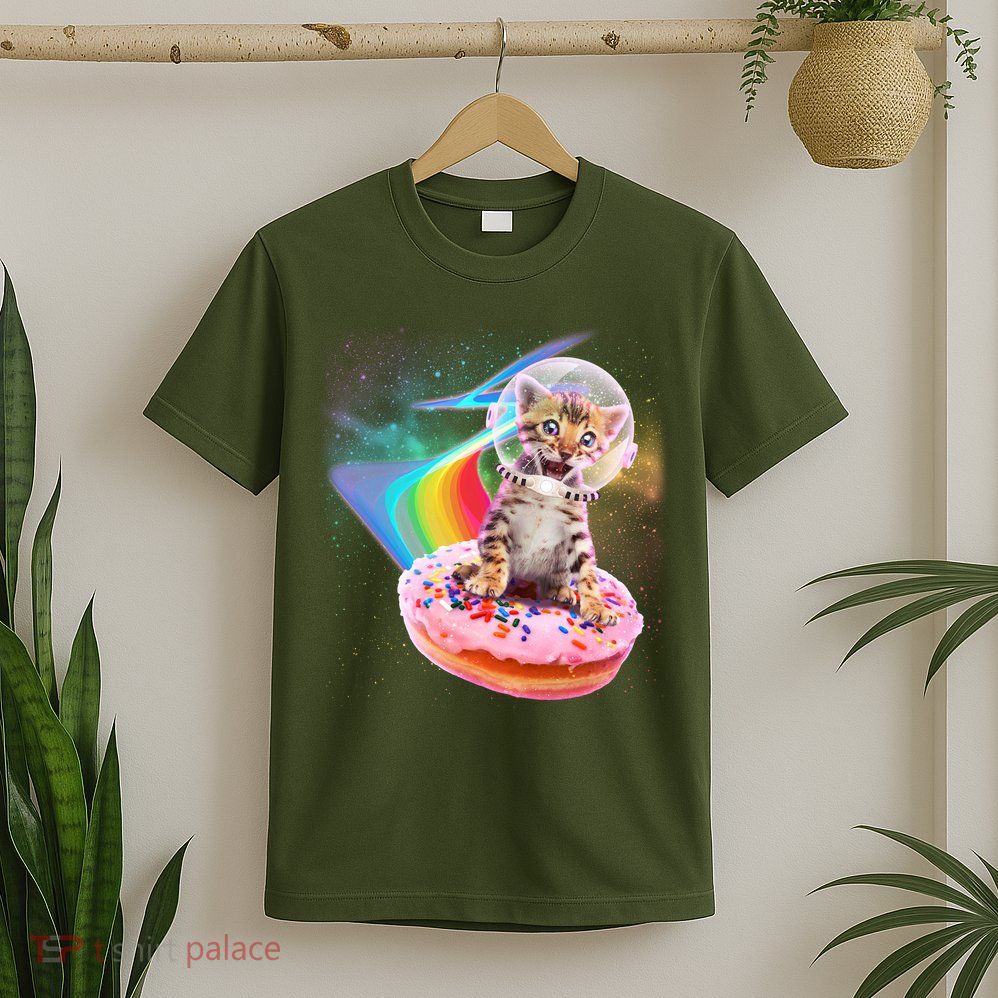 Funny Cute Astronaut Kitty On Rainbow Sprinkle Donut T-Shirt