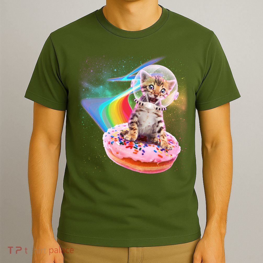 Funny Cute Astronaut Kitty On Rainbow Sprinkle Donut T-Shirt