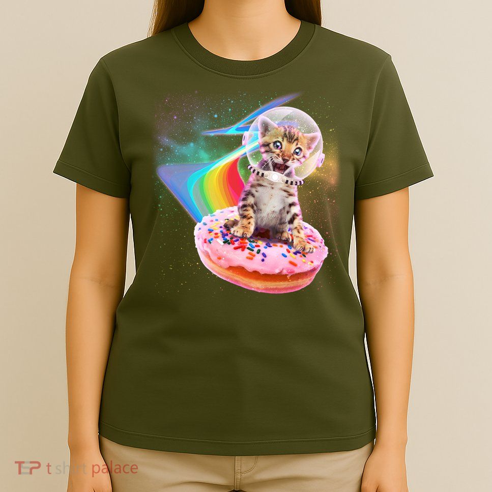 Funny Cute Astronaut Kitty On Rainbow Sprinkle Donut T-Shirt