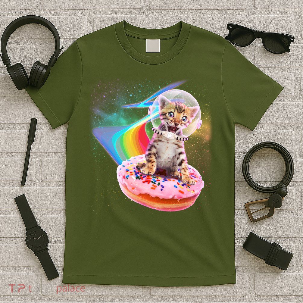 Funny Cute Astronaut Kitty On Rainbow Sprinkle Donut T-Shirt